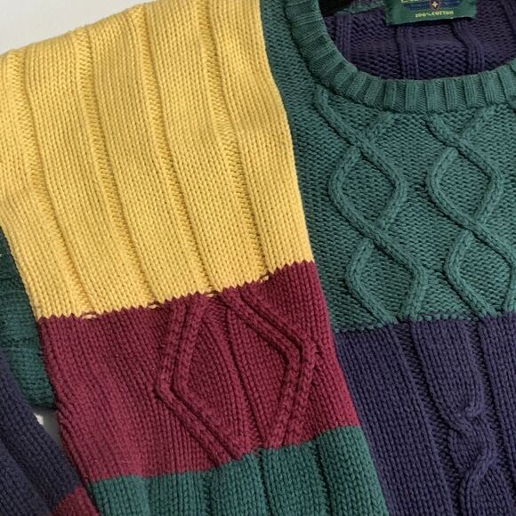 Vtg y2k Geometric Color Block Chunky Knit Sweater X Large crew cotton Pullover - Picture 3 of 11